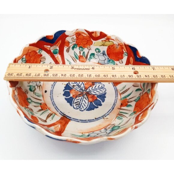 Antique Japanese Imari Porcelain Bowl Wabi-Sabi Edo - Meiji Era 1800s Scalloped - Picture 2 of 16